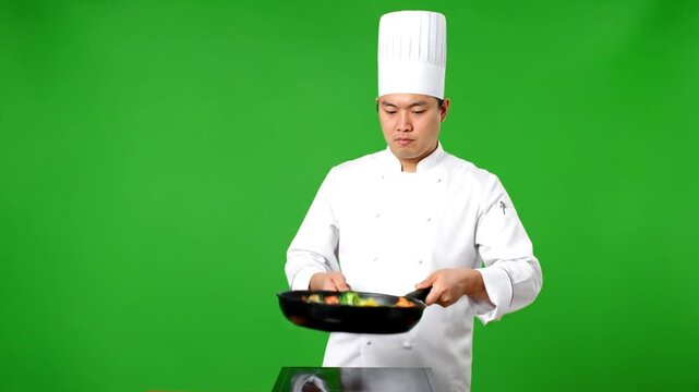 portrait of a male chef holding a  frypan, nutrition, gourmet, delicious, food, art, vibrant, colorful, produce, recipe, preparing, meal, dinner, lunch, breakfast, MasterChef