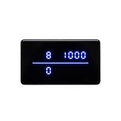 Black digital display showing blue numbers 8 and 1000 above a line and 0 screen