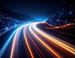 Futuristic highway with light trails beneath digital network above the dark mountain