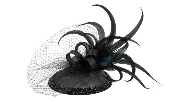 Black fascinator hat with feathers and netting on a black background black hat feather hat