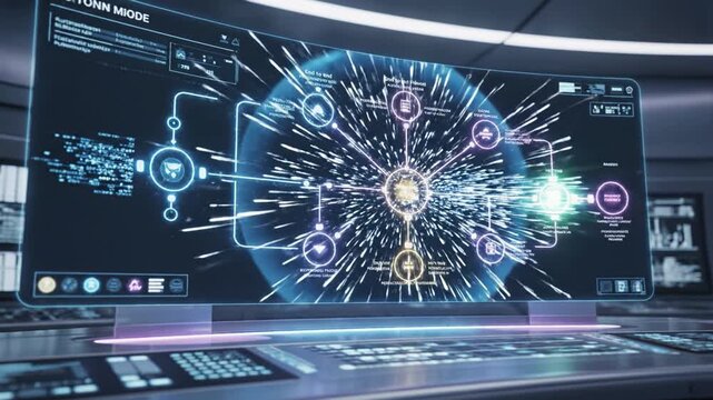 Futuristic control console holographic display with curved radial data visualization and network node dashboard, glowing sleek metallic console and curved transparent monitor showing holographic
