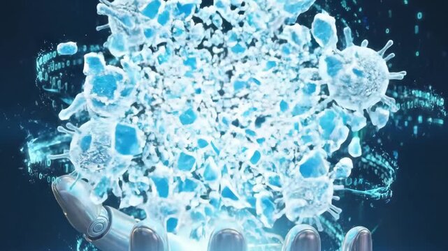 AI cancer treatment, futuristic analysis and disintegration of virus cells by a robotic hand, slow zoom in, data streams