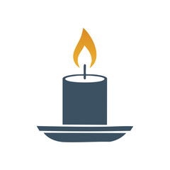 Candle with flame vector illustration on plate simple flat design, burning wax candlelight decoration