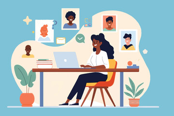 Fototapeta premium Remote Work Concept Woman Working on Laptop Flat Vector Illustration