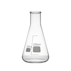 Clear glass laboratory flask with 250ml markings on black background transparent scientific equipment