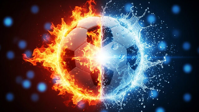 Soccer ball split between fire and water splashes football flame