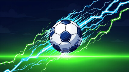 Soccer ball with blue and green lightning streaks on dark background football sport
