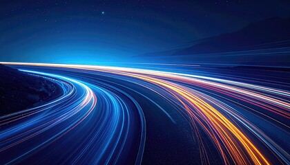 Long exposure shot of a curving road at night with streaking light trails