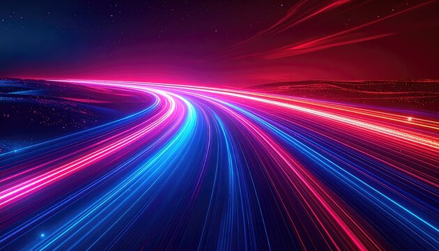 Abstract long exposure of highway trails merging from horizon; gradient, night, digital art