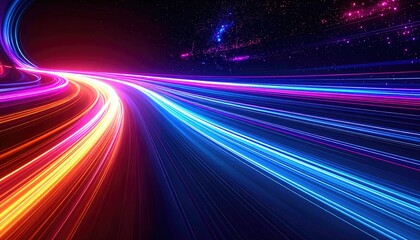 Dynamic perspective of colorful light trails representing speed and motion in a cosmic scene