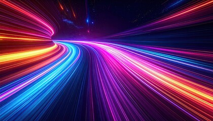 Abstract, vibrant tunnel with swirling streaks of colorful light, suggesting speed and motion