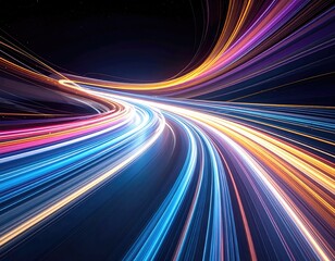 Dynamic, vibrant streaks of light curving through a dark space, representing speed