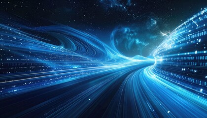 Digital tunnel of bright blue energy streaks towards a starry nebula in the night sky