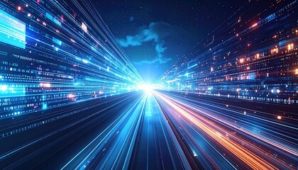 Futuristic digital data streams converging towards a bright light in a night sky scene