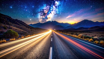 Long exposure of a highway with light trails beneath a starry sky, mountains in the distance