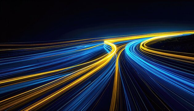 Long exposure captures glowing trails from vehicle lights racing on a dark, curved highway - Powered by Adobe