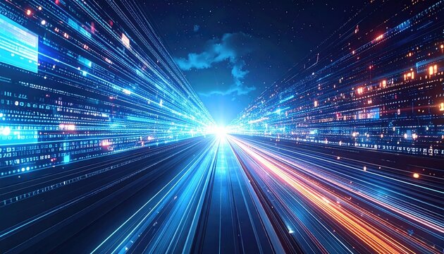 Futuristic digital data streams converging towards a bright light in a night sky scene - Powered by Adobe
