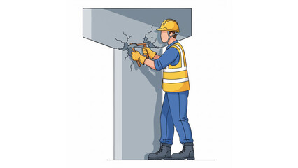 construction worker repairing concrete pillar illustration with safety helmet, vest, gloves, and power drill
