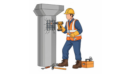 construction worker repairing concrete pillar illustration with safety helmet, vest, gloves, and power drill
