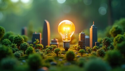 Glowing light bulb sits in green nature with mini city buildings. Concept shows eco friendly urban development and smart green energy ideas for future.