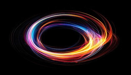 Vivid, multi-colored light trails create concentric, glowing rings against a stark black backdrop