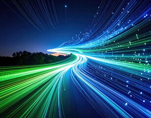 Long exposure shot depicts light trails resembling digital data streams across a nighttime vista
