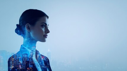 Businesswoman profile with cityscape overlay, representing innovative leadership, modern technology, and urban growth in a futuristic setting.