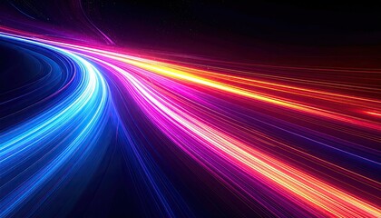 Dynamic, abstract, colorful light trails curving across a dark space