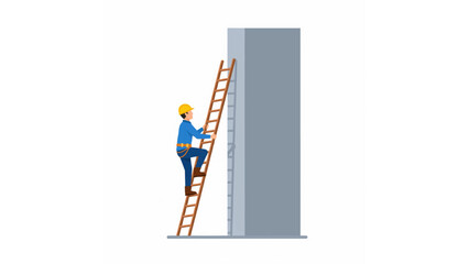 construction worker climbing ladder illustration with safety helmet, tool belt, and tall structure
