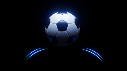 Soccer ball with blue glowing lines on black background sport game