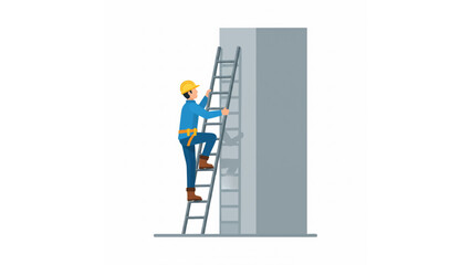 construction worker climbing ladder illustration with safety helmet, tool belt, and tall structure
