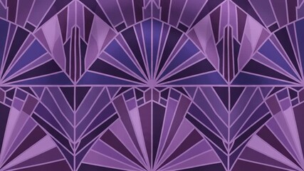 Elegant Art Deco inspired seamless pattern featuring intricate geometric fan motifs and radiating lines in a rich palette of purple violet and indigo hues creating a luxurious and sophisticated abstr.