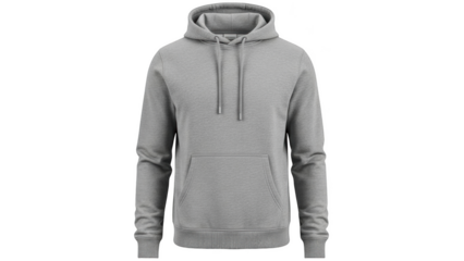 Grey hooded sweatshirt with front pocket and drawstrings on black background hoodie gray