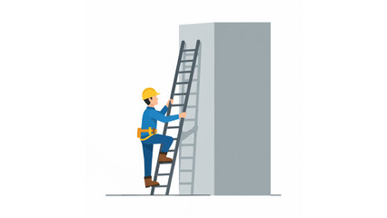 construction worker climbing ladder illustration with safety helmet, tool belt, and tall structure
