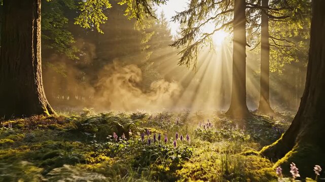 Magical forest sunrise with golden sun rays shining through misty pine trees. Cinematic woodland floor with purple wildflowers and ferns in spring