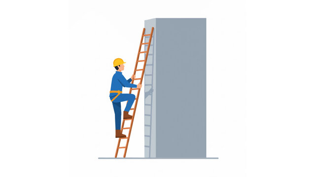 construction worker climbing ladder illustration with safety helmet, tool belt, and tall structure
