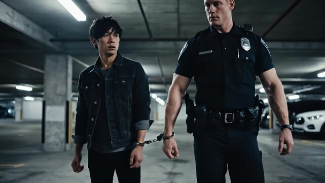 Police officer escorting a handcuffed suspect in a parking garage. Uniformed cop walking with a detained man. Law enforcement and crime concept