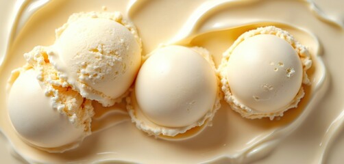 Creamy vanilla ice cream scoops melting in rich sauce. Smooth frozen dessert with detailed texture. Perfect for summer treat promotions and food blogs.