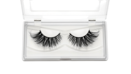 Pair of black false eyelashes in clear plastic case on black background beauty makeup
