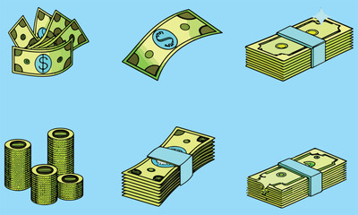 Money Illustration Set &ndash; Cash Stack, Dollar Bills, Coins & Finance Graphic Design .