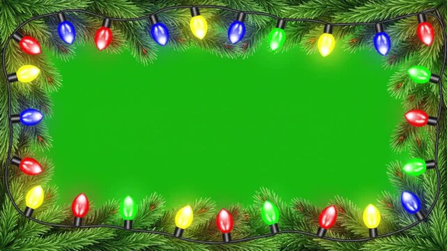 3D animation of a green pine garland framing the screen against a green screen background for christmas holiday video greetings or family photo montages.