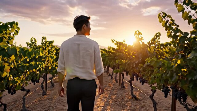 Asian man walking through vineyard rows at sunset touching grapevines. Young winemaker inspecting crop during golden hour. Agriculture and viticulture concept