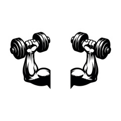 Isolated black and white illustration of a heavy metal dumbbell and barbell set for fitness training and bodybuilding strength workout