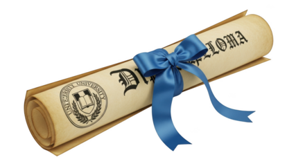 Rolled diploma with university seal and blue ribbon on black background graduation degree