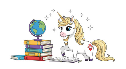 Smart cartoon unicorn studies from an open book next to a stack of colorful books and a globe with magical sparkles all around.