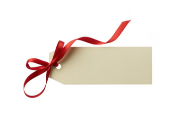 Blank gift tag with red ribbon isolated on a transparent background