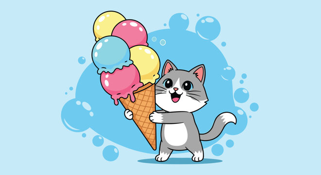 Excited gray and white cat happily holds a giant ice cream cone with four colorful scoops on a bright blue background with bubbles.