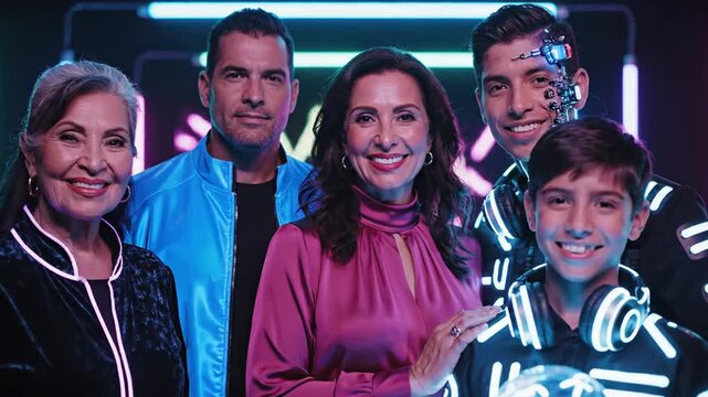 Smiling multi-generational family portrait in a futuristic neon-lit studio, showcasing digital connection, unity, and modern entertainment across ages