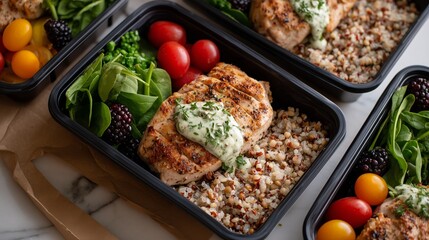 Grilled chicken meal prep with grains and vegetables in containers for healthy eating
