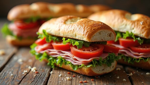Freshly prepared deli subs with ham lettuce and tomato on rustic wood table. Ready to eat delicious sandwiches make great lunch or picnic meal option.